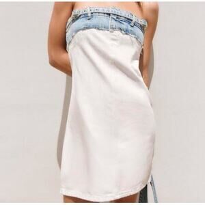 Zara Strapless Denim Mini Dress Small Blue White Raw Hem